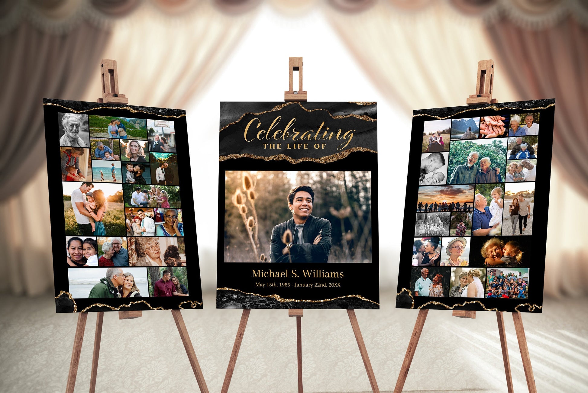 Black and Gold Agate Memorial Poster Template Set of 3 - lovingmemoryprints