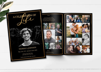 Black and Gold Funeral Program Editable 8 Page - lovingmemoryprints