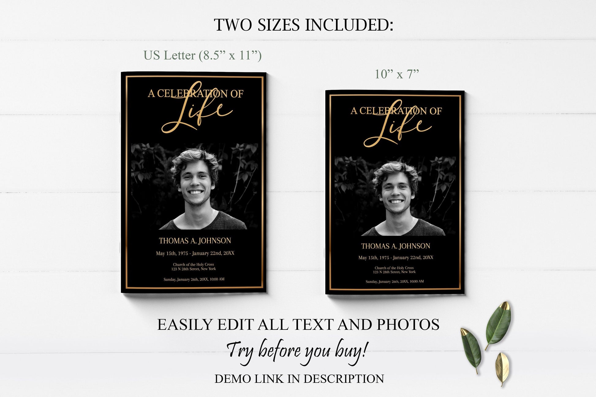 Black and Gold Funeral Program Editable 8 Page - lovingmemoryprints