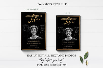 Black and Gold Funeral Program Editable 8 Page - lovingmemoryprints