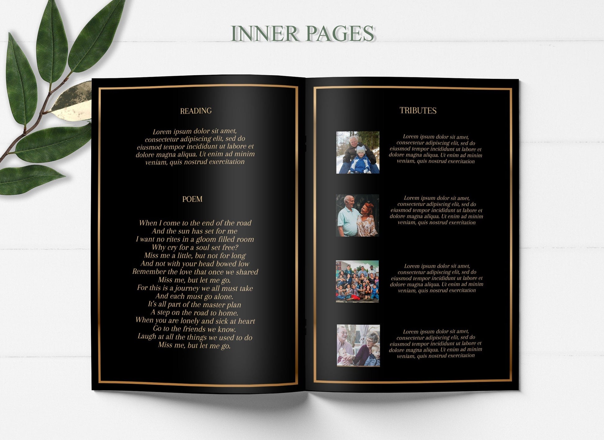 Black and Gold Funeral Program Editable 8 Page - lovingmemoryprints
