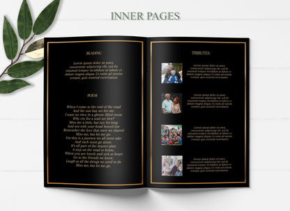 Black and Gold Funeral Program Editable 8 Page - lovingmemoryprints