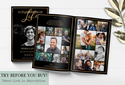 Black and Gold Funeral Program Editable 8 Page - lovingmemoryprints