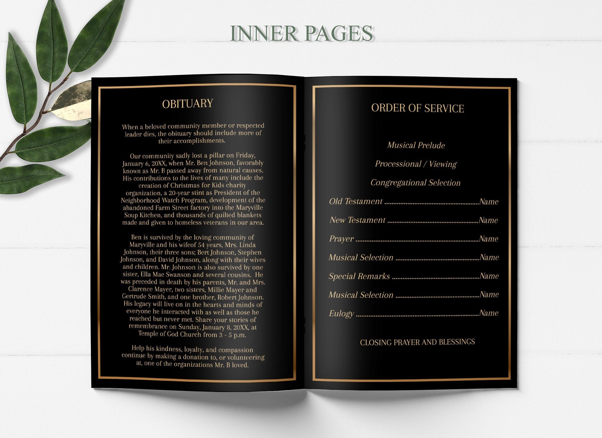Black and Gold Funeral Program Editable 8 Page - lovingmemoryprints