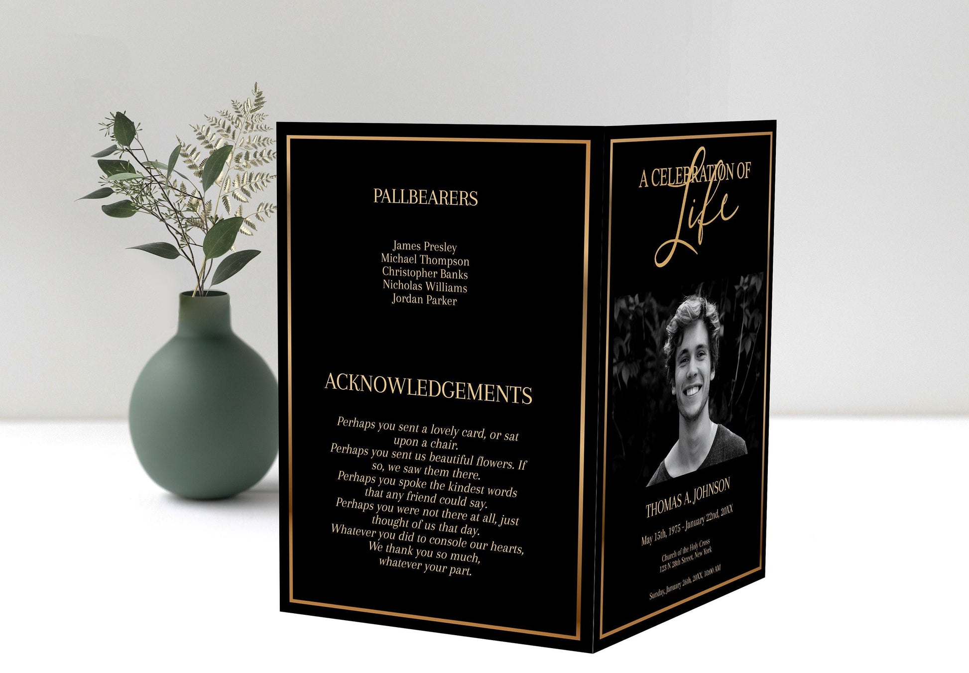 Black and Gold Funeral Program Editable 8 Page - lovingmemoryprints