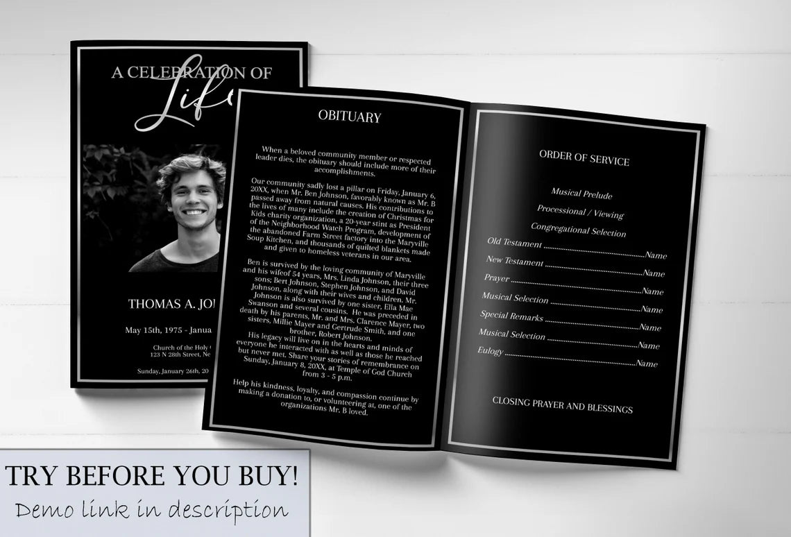 Black and Silver Funeral Program Template - 8 Page - lovingmemoryprints
