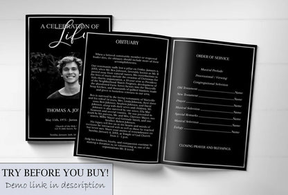 Black and Silver Funeral Program Template - 8 Page - lovingmemoryprints