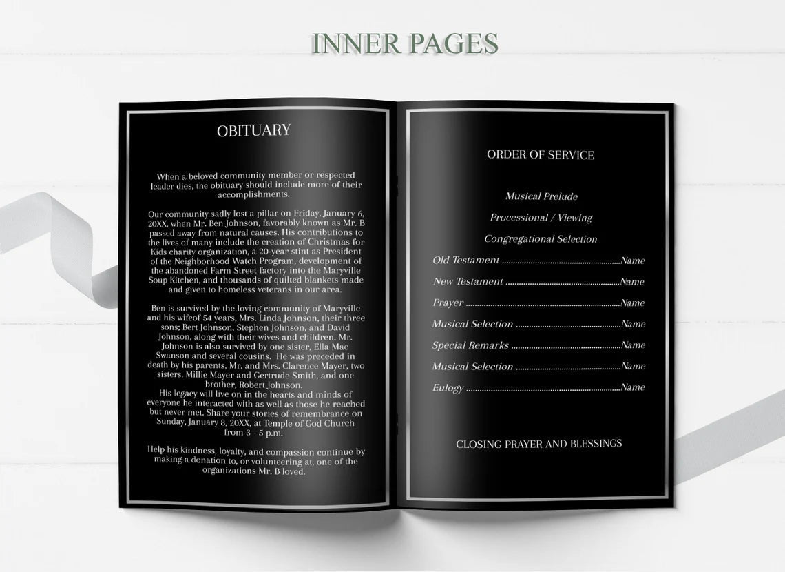 Black and Silver Funeral Program Template - 8 Page - lovingmemoryprints