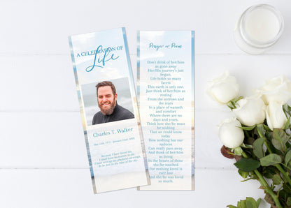 Blue Ocean Sunset Funeral Service Bookmark Template - lovingmemoryprints