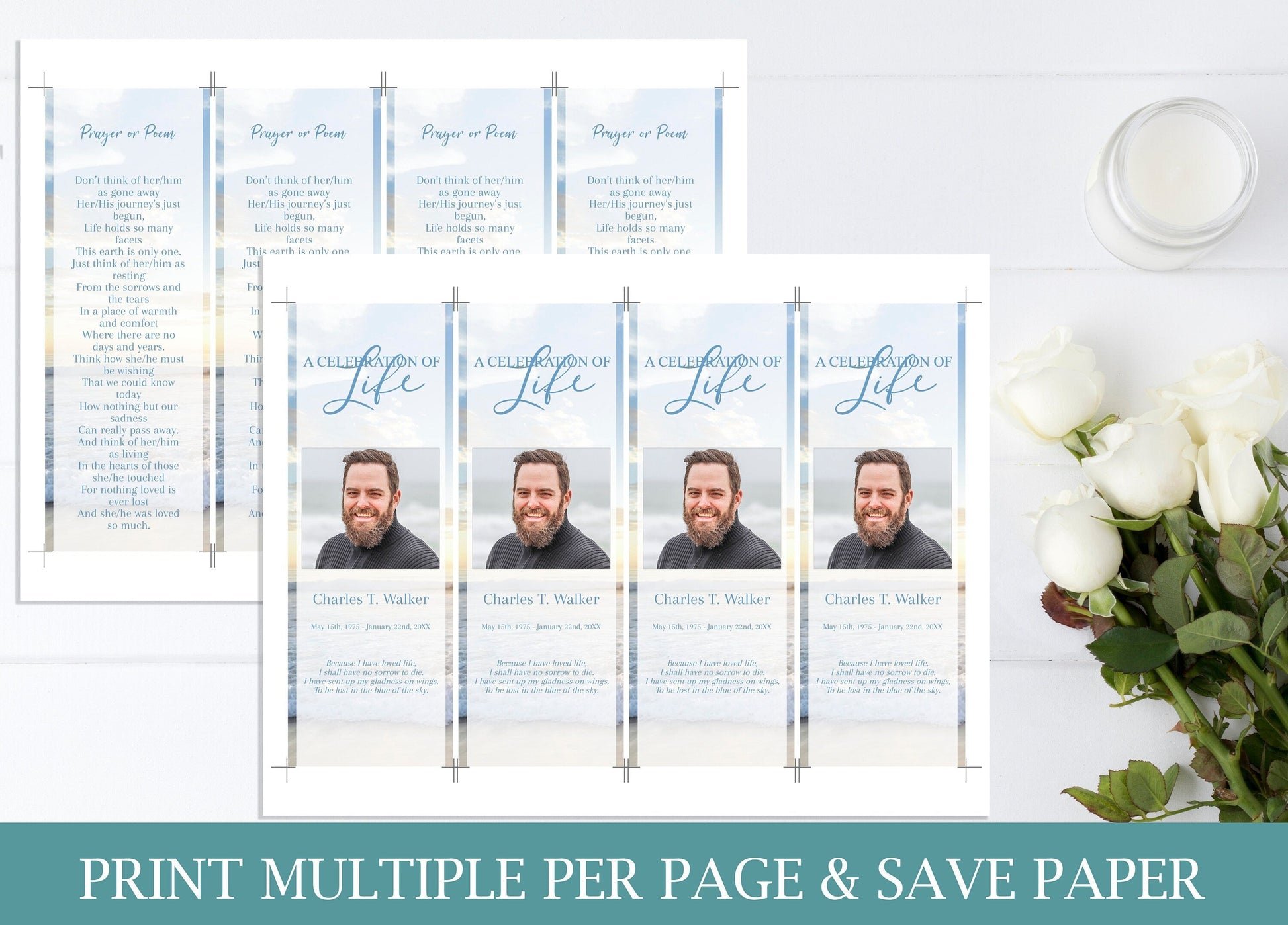 Blue Ocean Sunset Funeral Service Bookmark Template - lovingmemoryprints