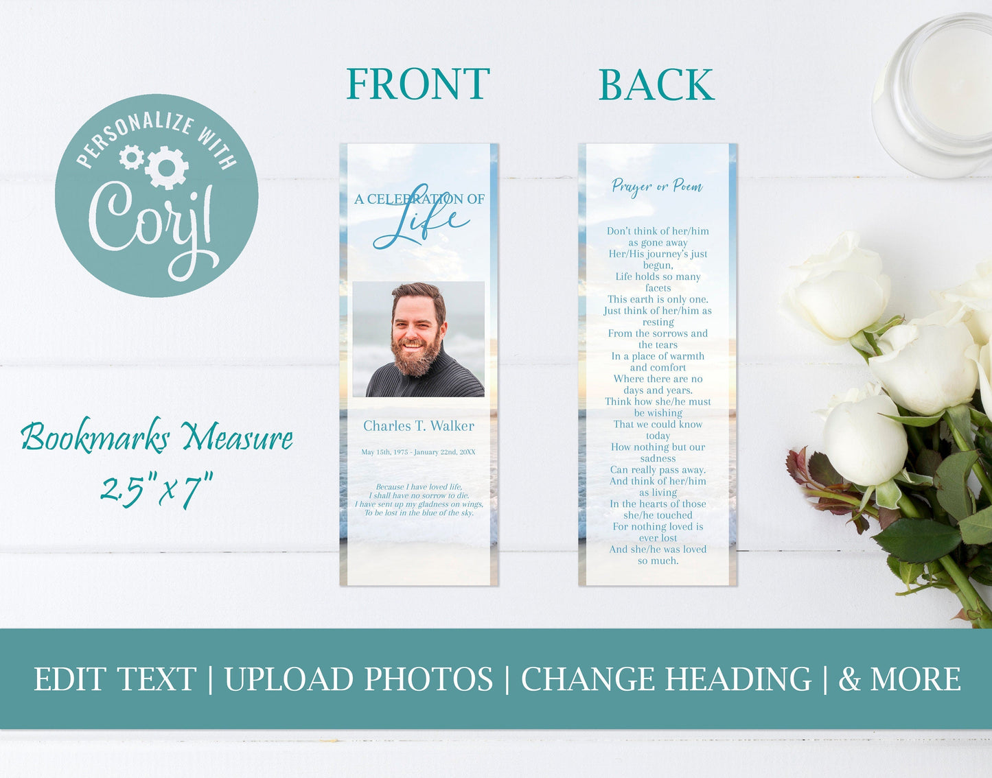 Blue Ocean Sunset Funeral Service Bookmark Template - lovingmemoryprints