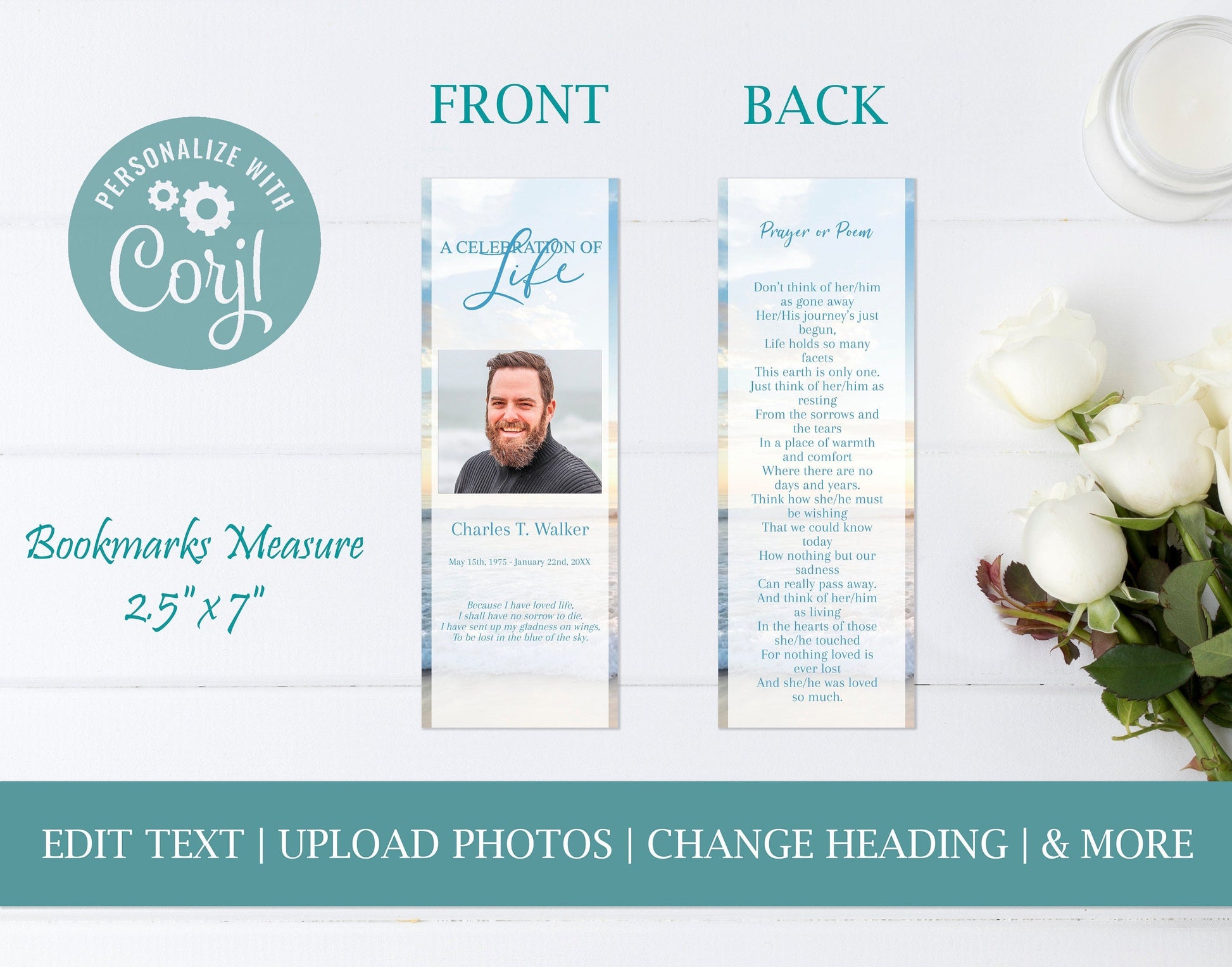 Blue Ocean Sunset Funeral Service Bookmark Template - lovingmemoryprints
