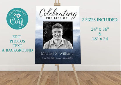 Blue Watercolor Funeral Poster With Photo Display Templates - Set of 5 - lovingmemoryprints