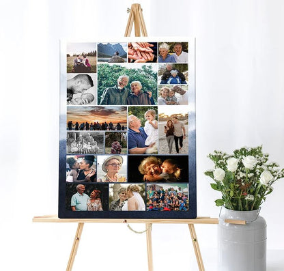 Memorial poster photo display collage with blue watercolor background on easel. 