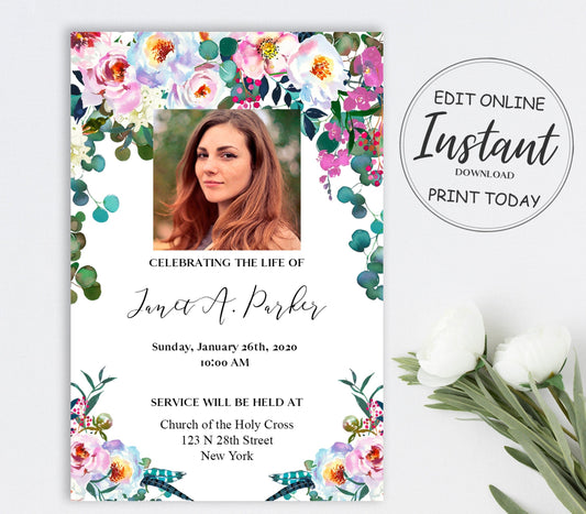 Colorful Floral Funeral Announcement Template for Woman - lovingmemoryprints