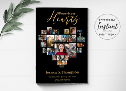 A heart shaped photo collage is on the front of a funeral program template with a black background and golden text