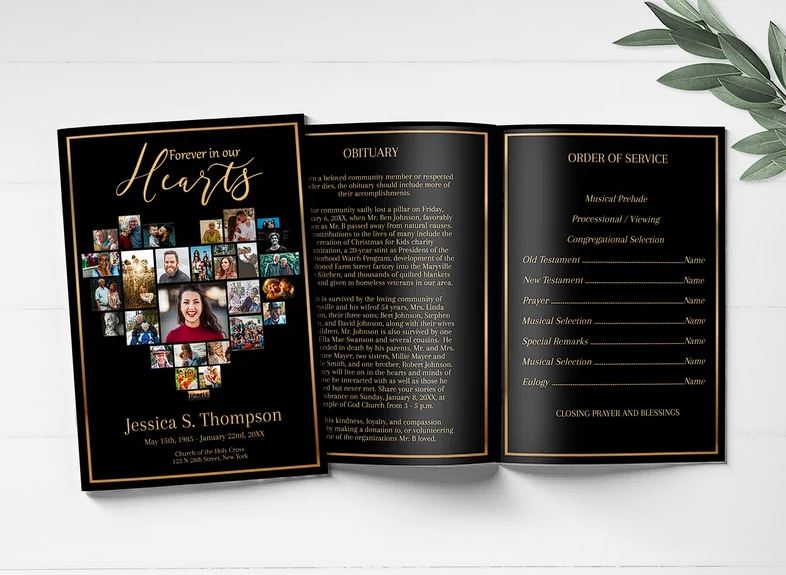 Heart collage themed 8 page funeral program template. Black and gold theme throughout.