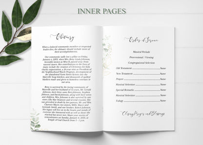 Funeral Program Template | Greenery & Gold Obituary Template to Honor Your Loved One | Celebration of Life | B102 - lovingmemoryprints