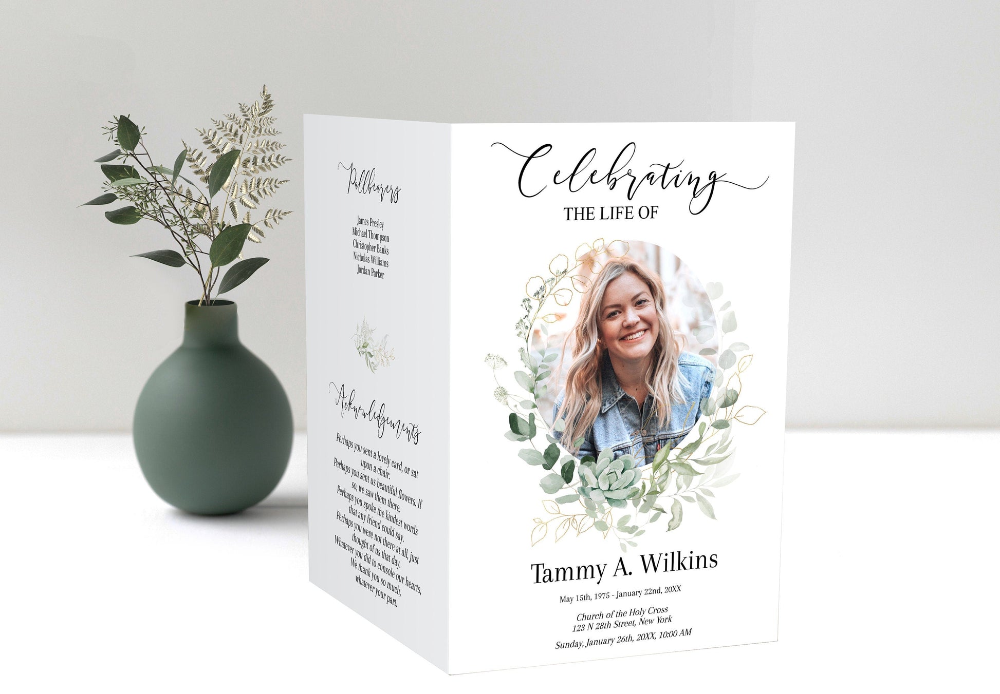 Funeral Program Template | Greenery & Gold Obituary Template to Honor Your Loved One | Celebration of Life | B102 - lovingmemoryprints