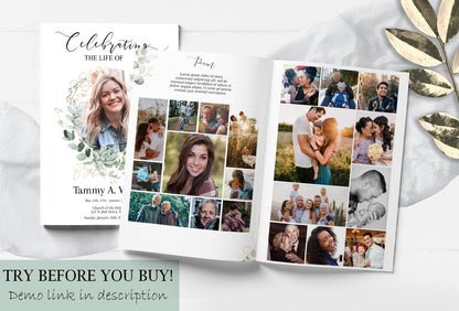 Funeral Program Template | Greenery & Gold Obituary Template to Honor Your Loved One | Celebration of Life | B102 - lovingmemoryprints