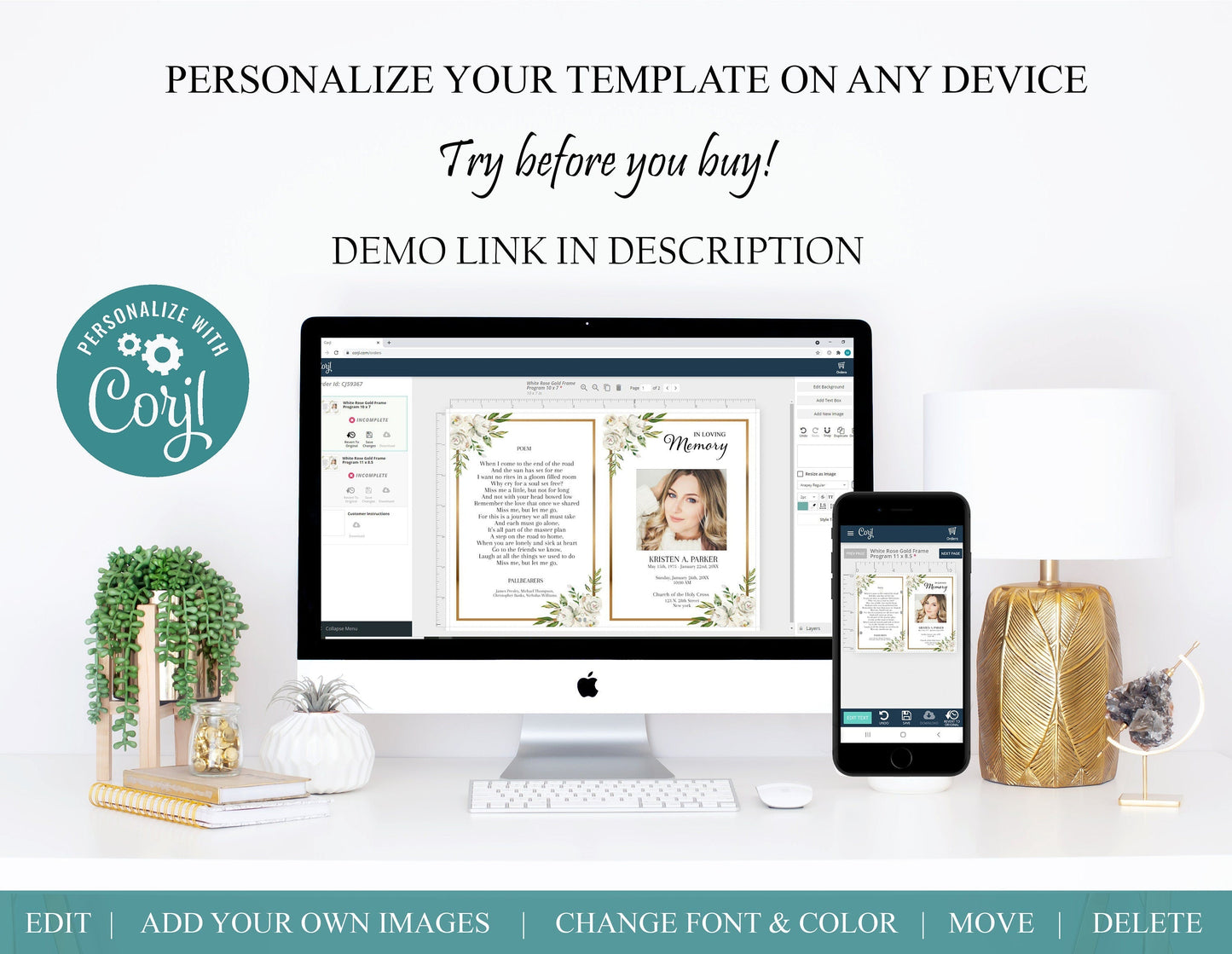 Funeral Program Template | Greenery & Gold Obituary Template to Honor Your Loved One | Celebration of Life | B102 - lovingmemoryprints