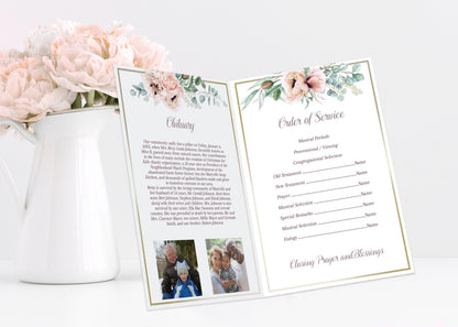 Gold border with Pink Roses Funeral Program Template - 4 Page - lovingmemoryprints