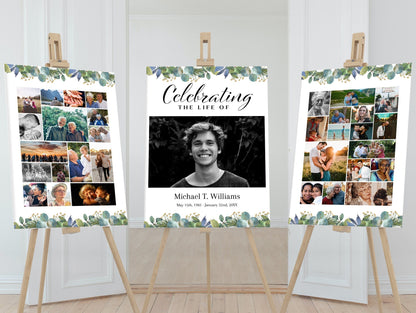 Greenery Funeral Poster Collage With Large Center Photo - Set of 3 - lovingmemoryprints