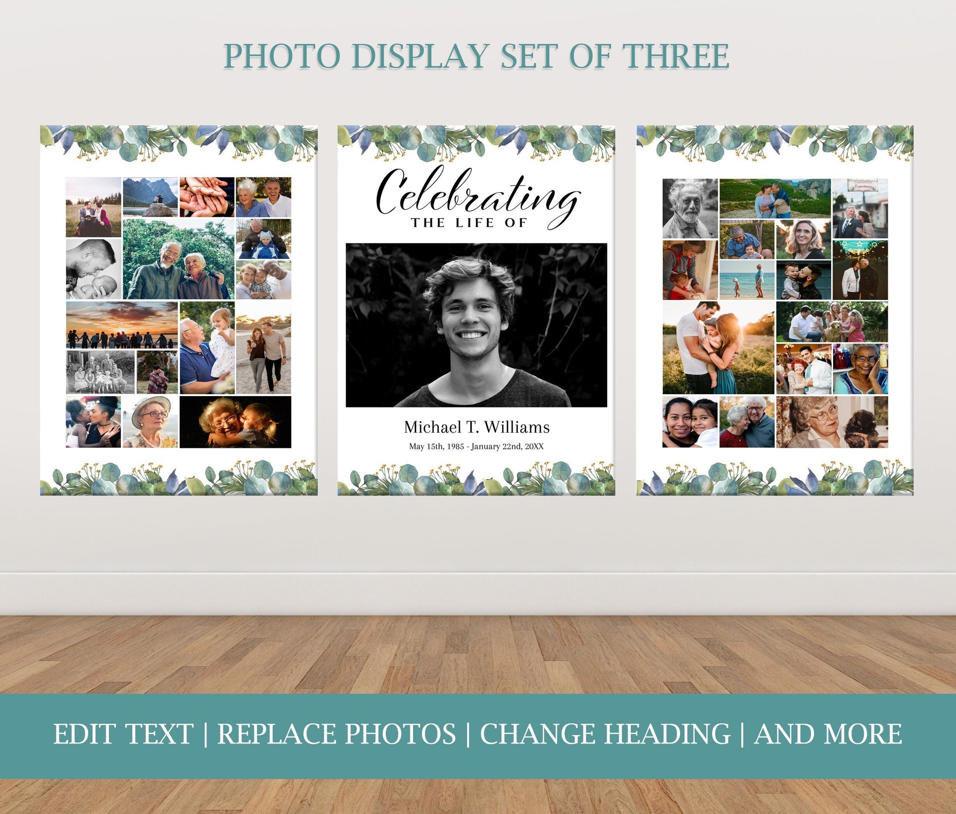 Greenery Funeral Poster Collage With Large Center Photo - Set of 3 - lovingmemoryprints