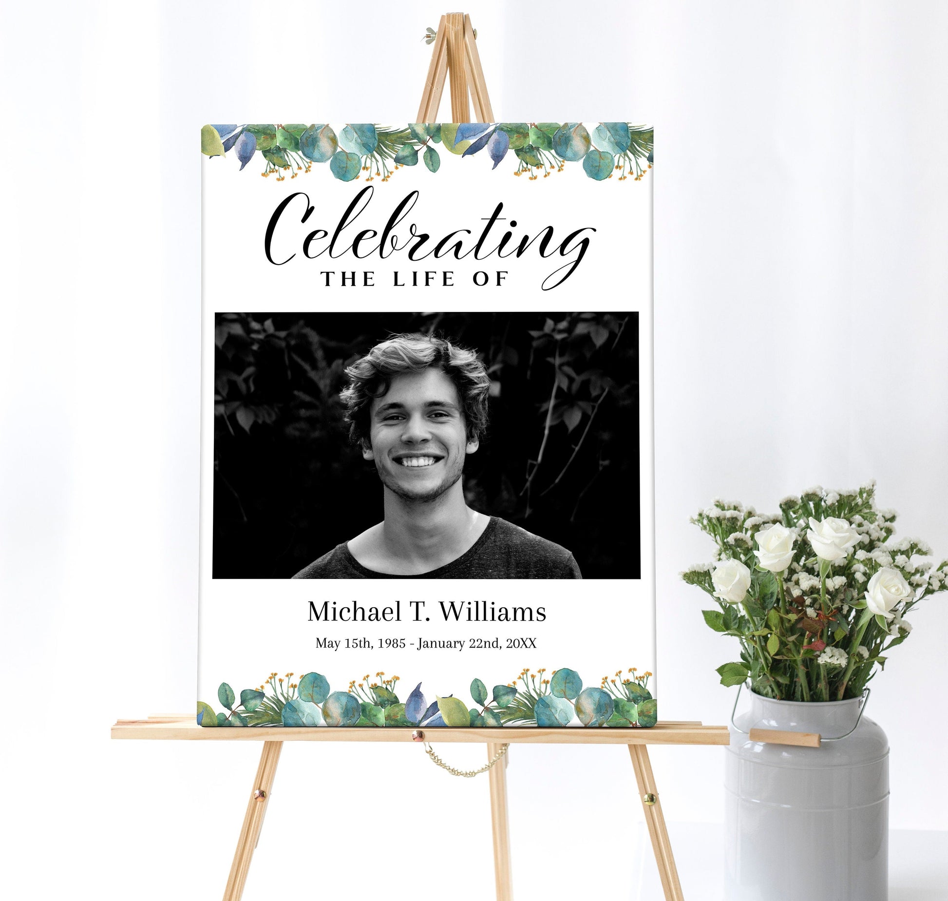 Greenery Funeral Poster Collage With Large Center Photo - Set of 3 - lovingmemoryprints