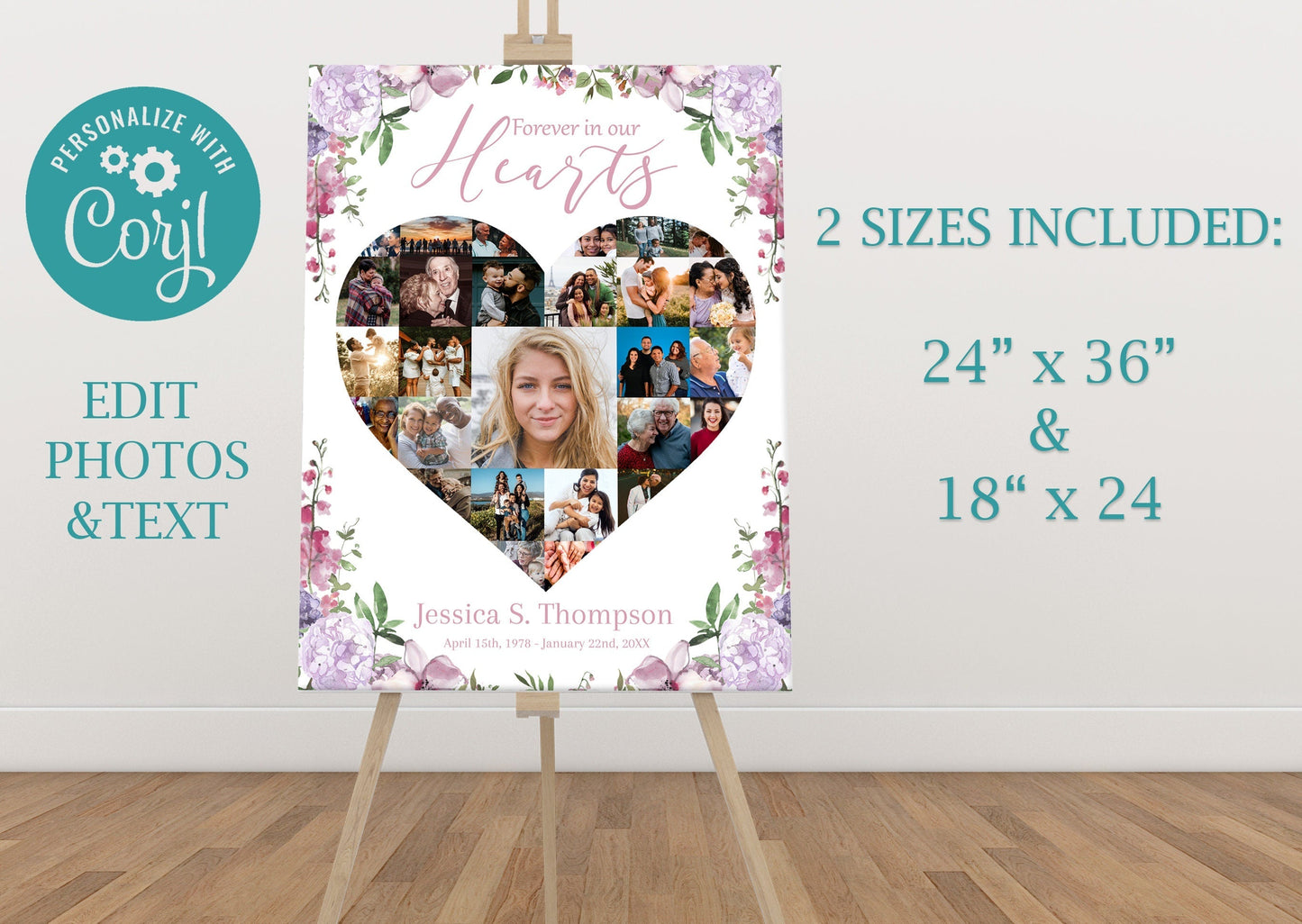 Heart Collage With Pink Floral Memory Board Template - lovingmemoryprints