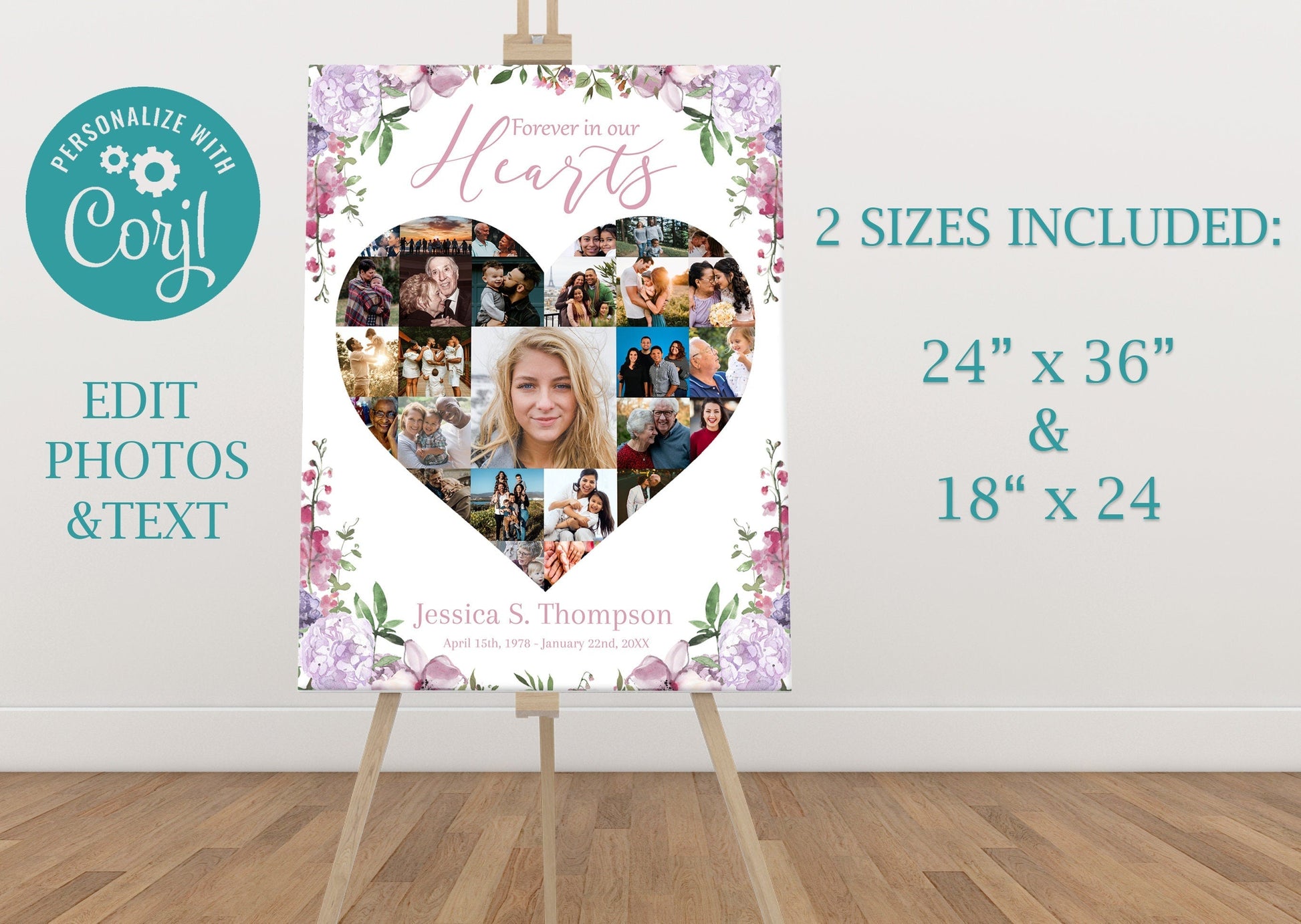 Heart Collage With Pink Floral Memory Board Template - lovingmemoryprints
