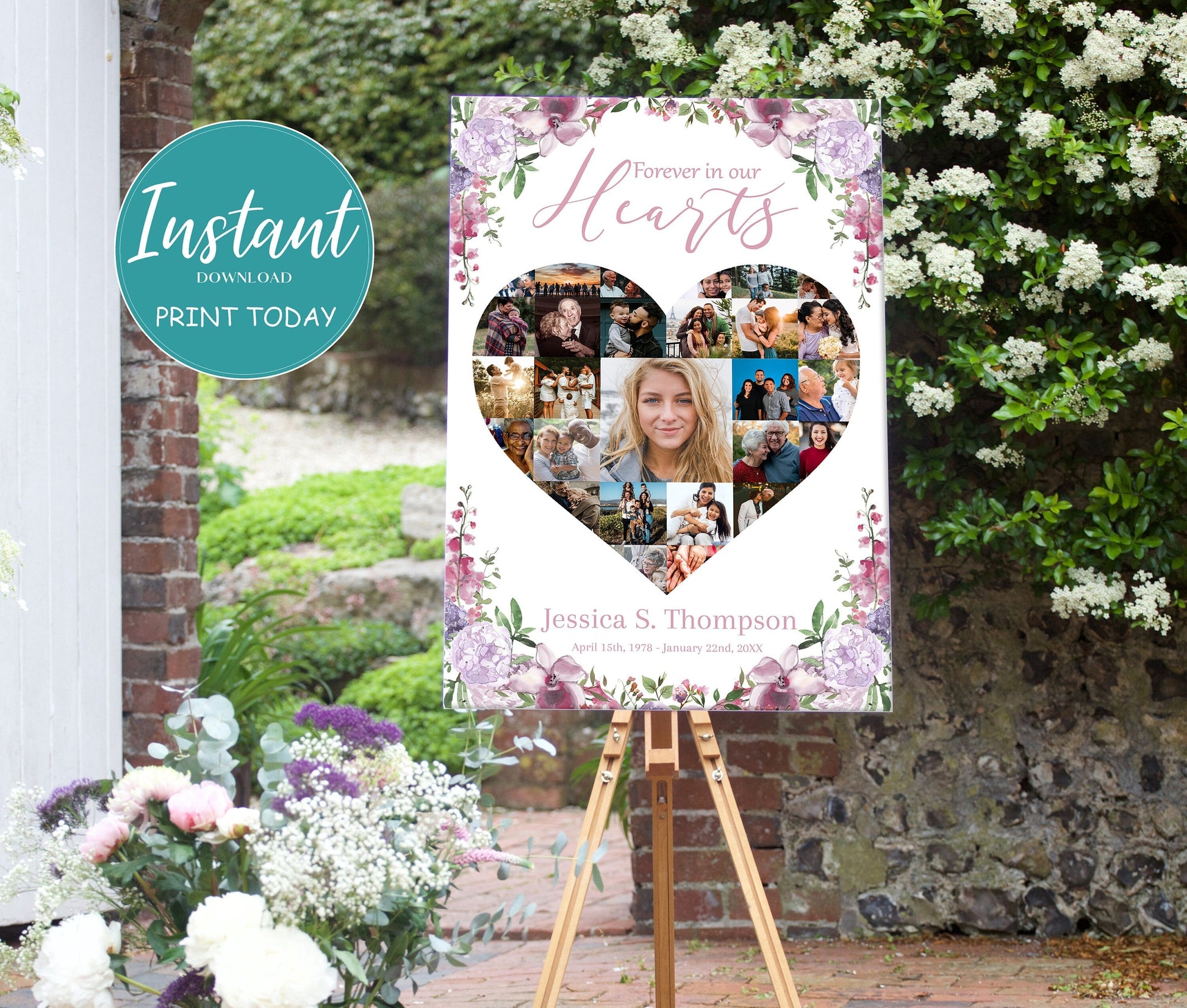 Heart Collage With Pink Floral Memory Board Template - lovingmemoryprints
