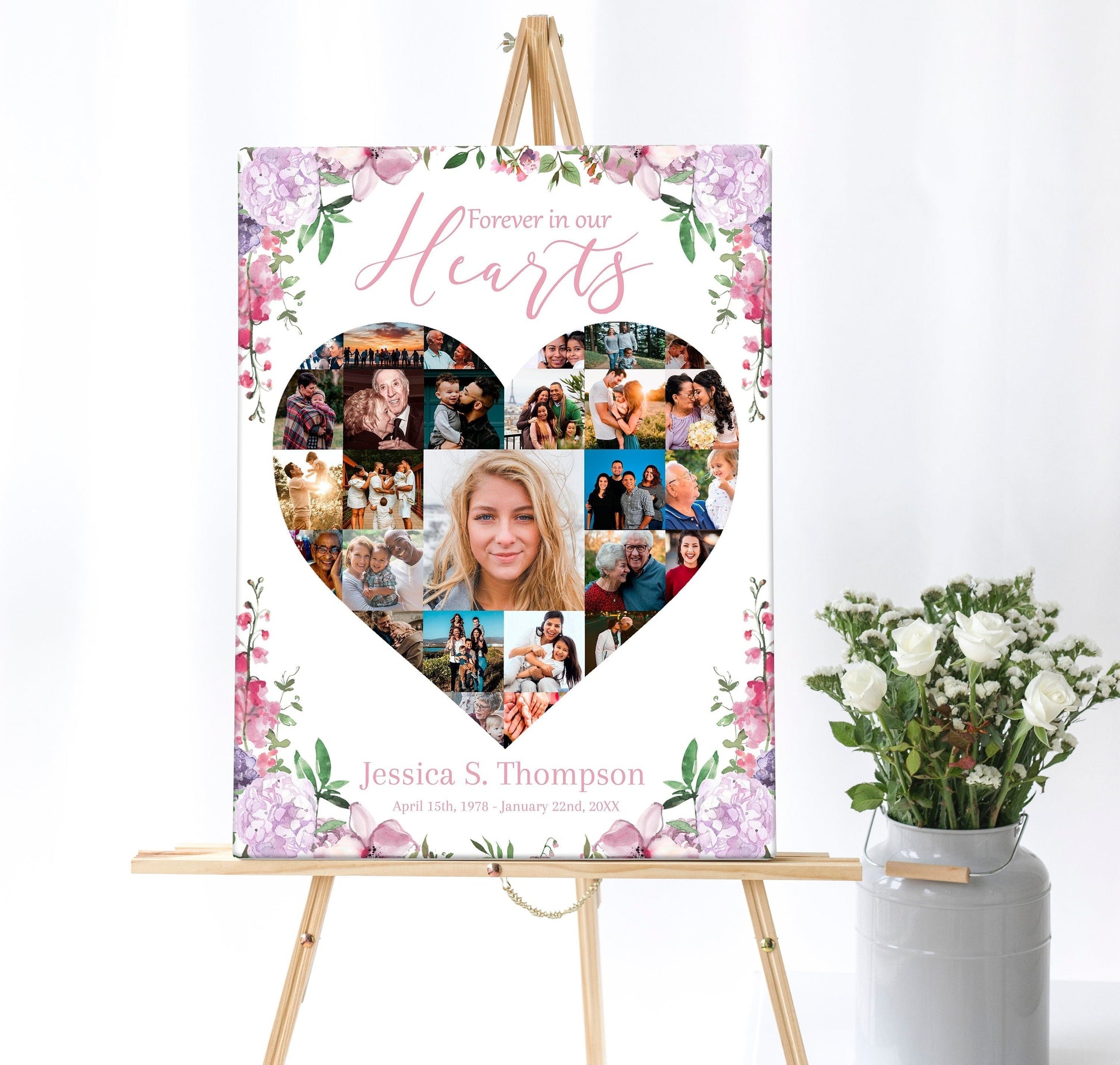 Heart Collage With Pink Floral Memory Board Template - lovingmemoryprints