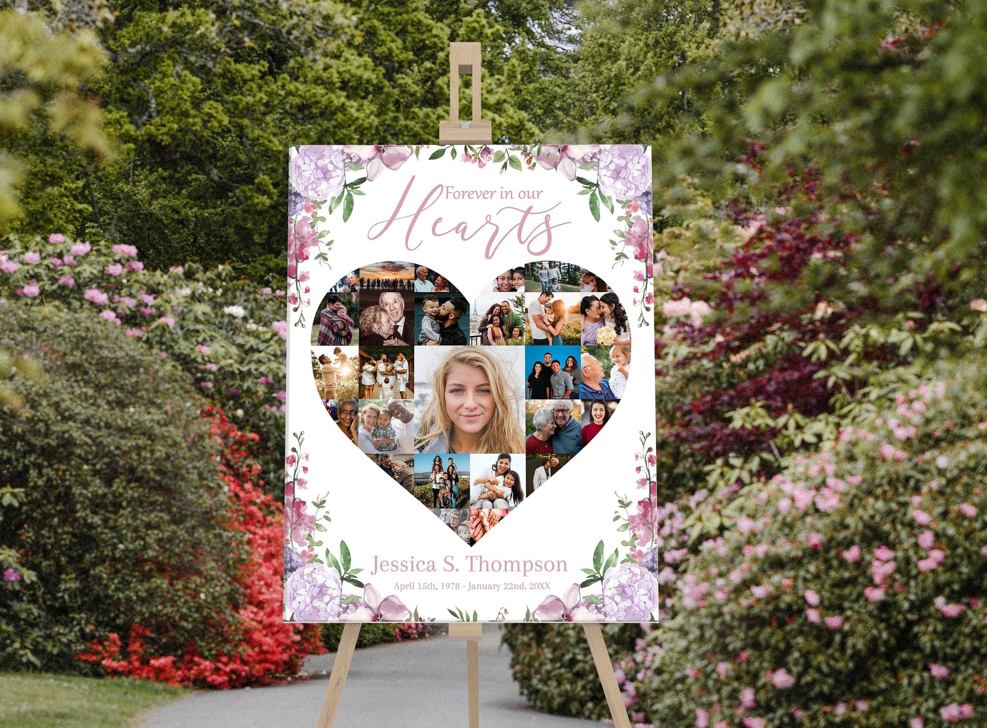 Heart Collage With Pink Floral Memory Board Template - lovingmemoryprints