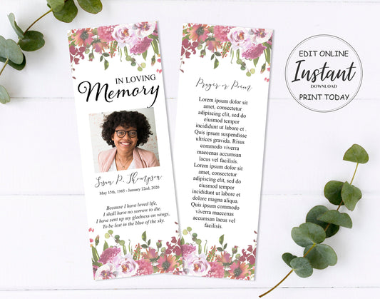 funeral bookmark template with red flowers and greenery'