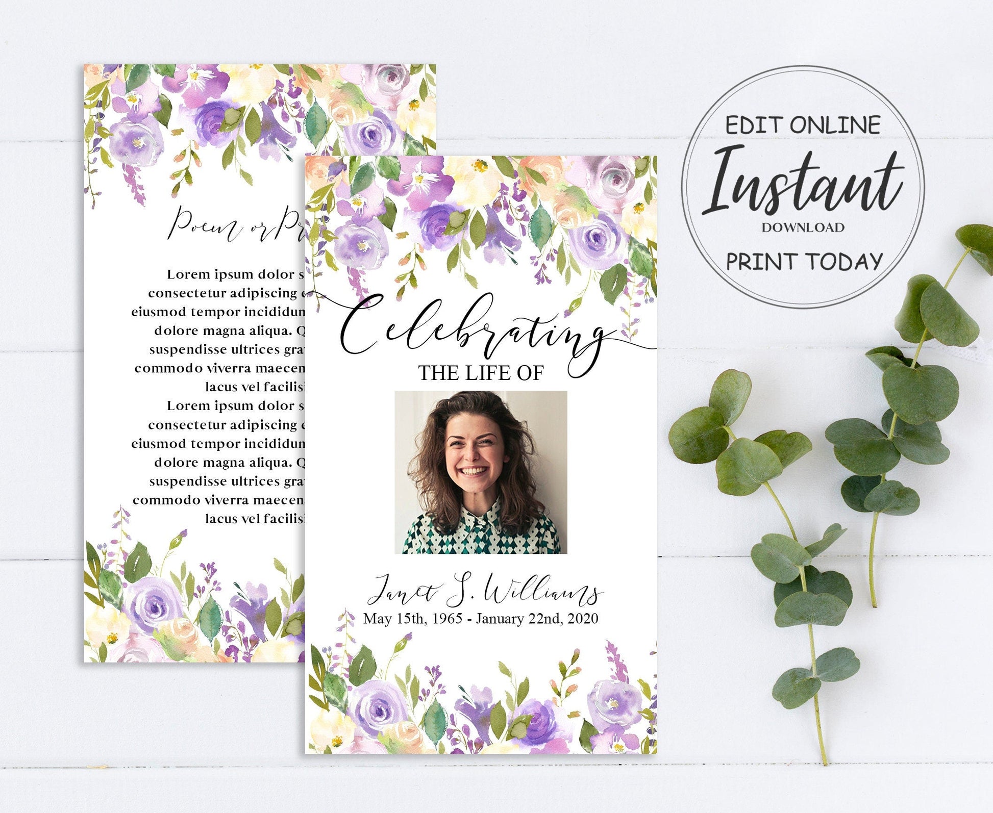 floral themed funeral prayer card template