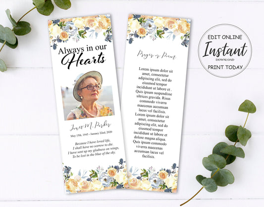 Blue and peach flowers on funeral bookmark template