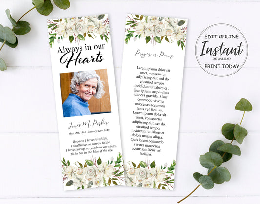 White flowers with greenery funeral bookmark template