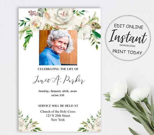 White Rose Funeral Announcement Template for Woman | Obituary Template | Floral Celebration of Life Invitation | A107
