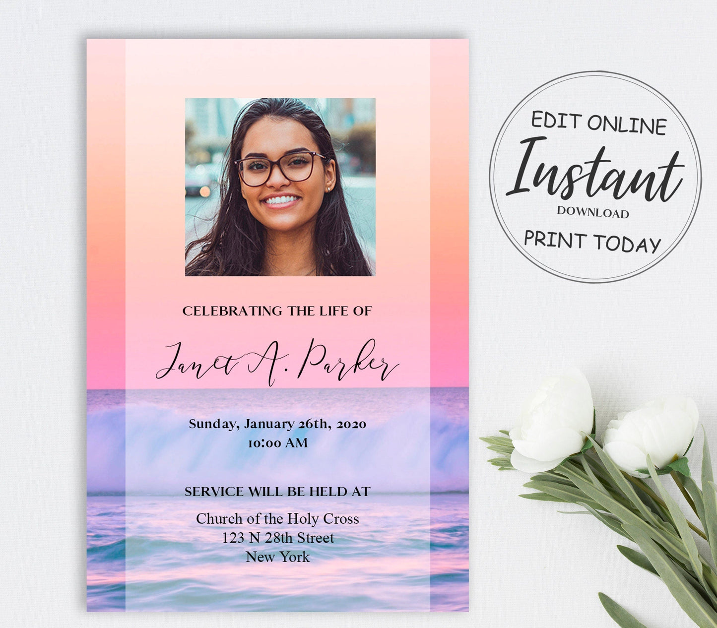 Orange and pink sunset backgounrd on this funeral invitation template