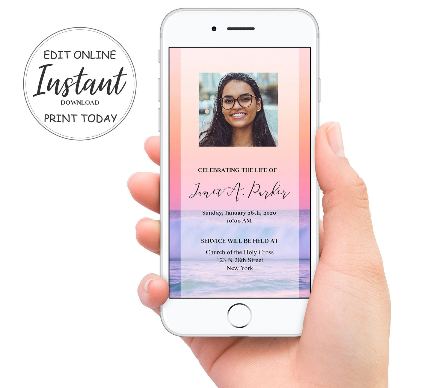 Sunset themed funeral invitation template on a phone