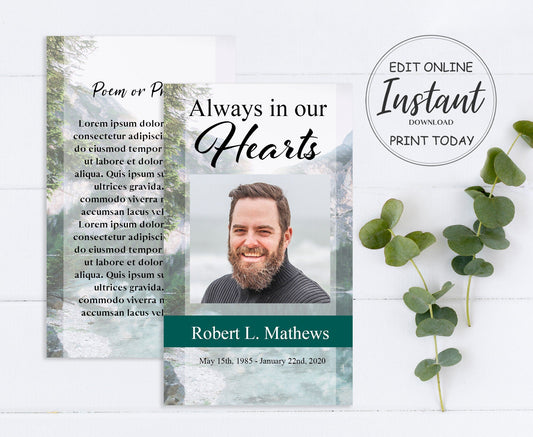 nature themed funeral prayer card template with center photo