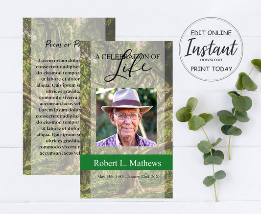 funeral prayer card template with forest in background
