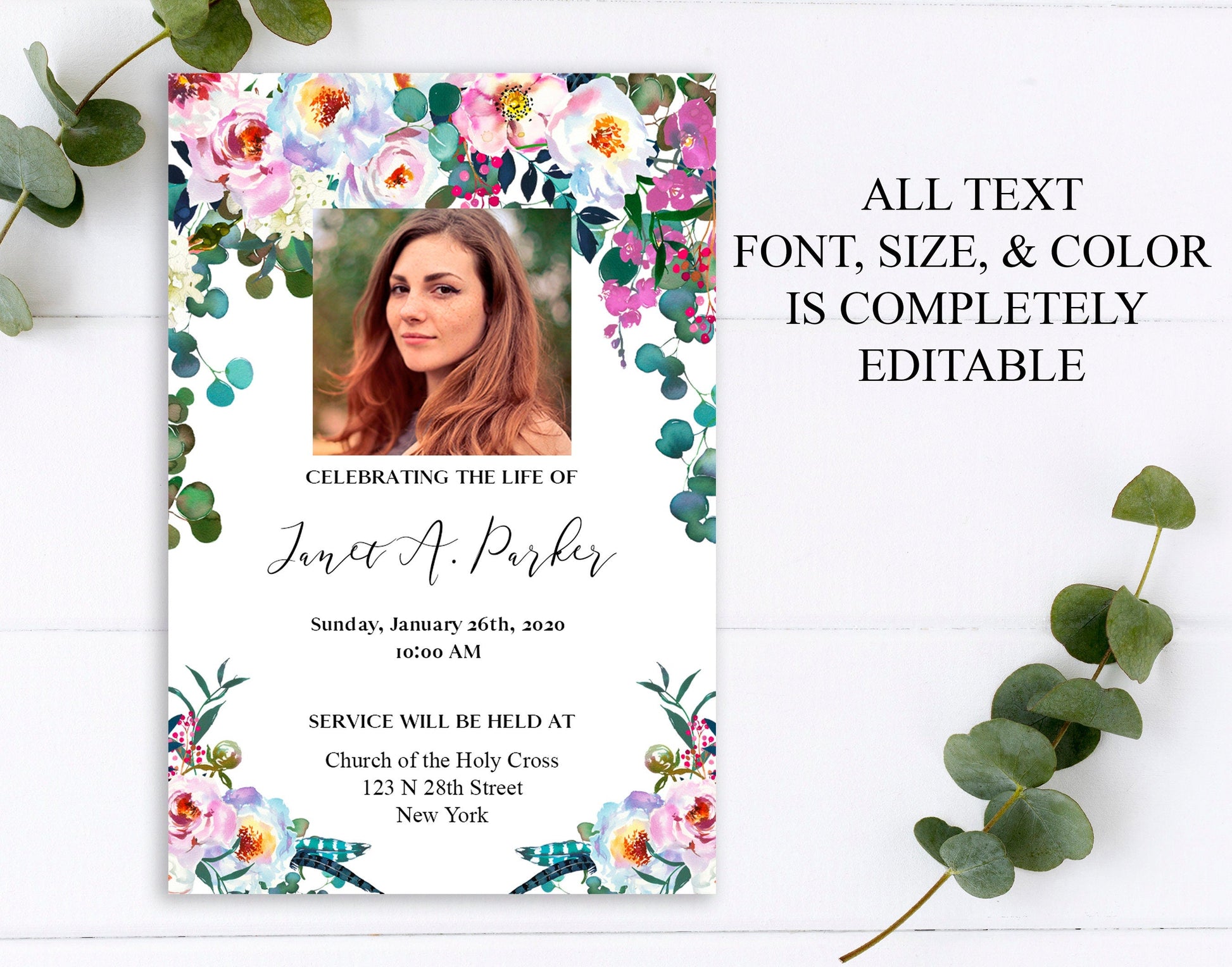 Funeral invitation pamphlet with colorful flowers on the front large center photo