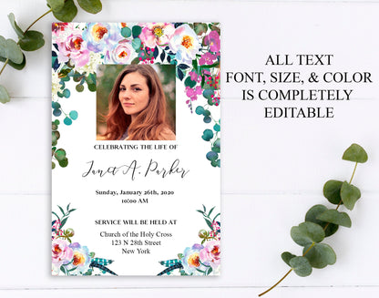 Funeral invitation pamphlet with colorful flowers on the front large center photo