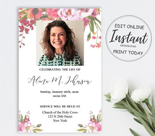 Pink floral funeral invitation template