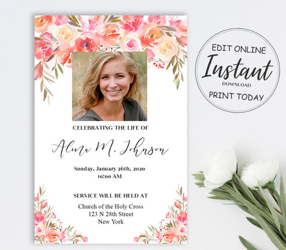 Pink roses with greenery background funeral invitation template instant download