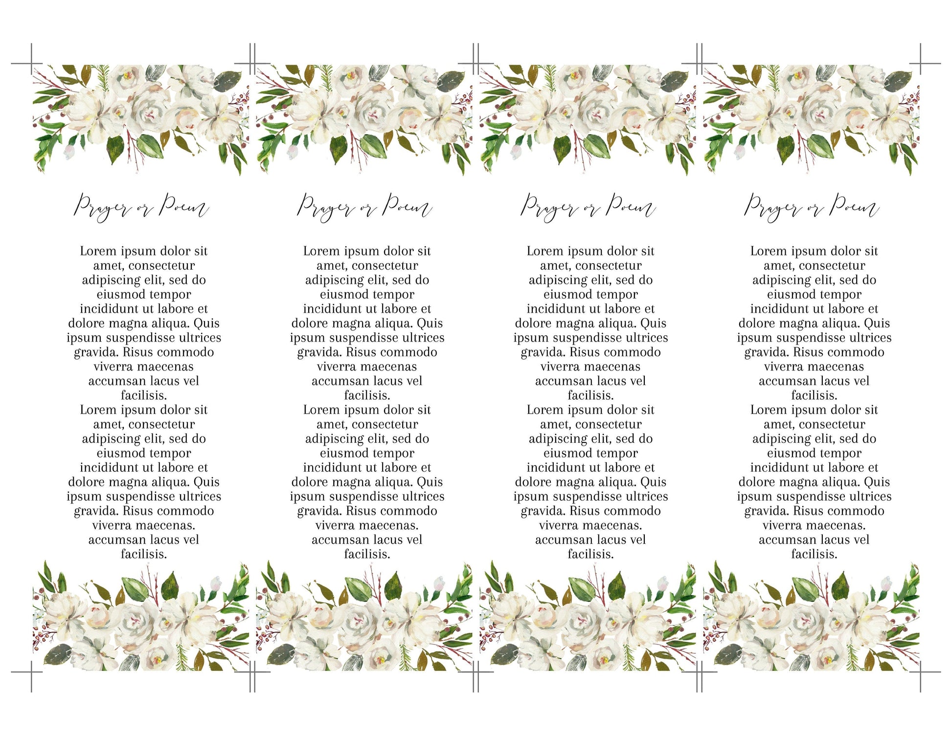 set of 4 funeral bookmarks with program on back
