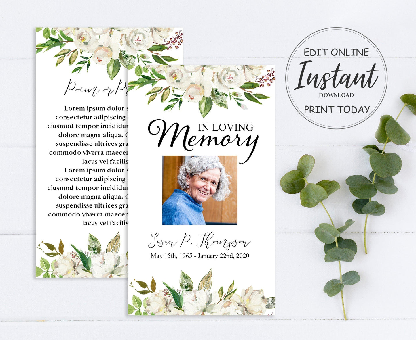 greenery and white roses adorn this obituary prayer card template