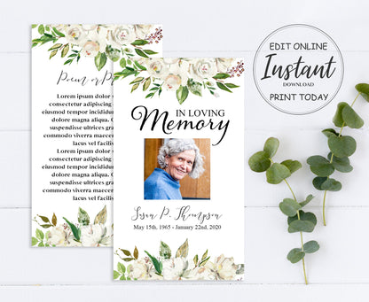 greenery and white roses adorn this obituary prayer card template